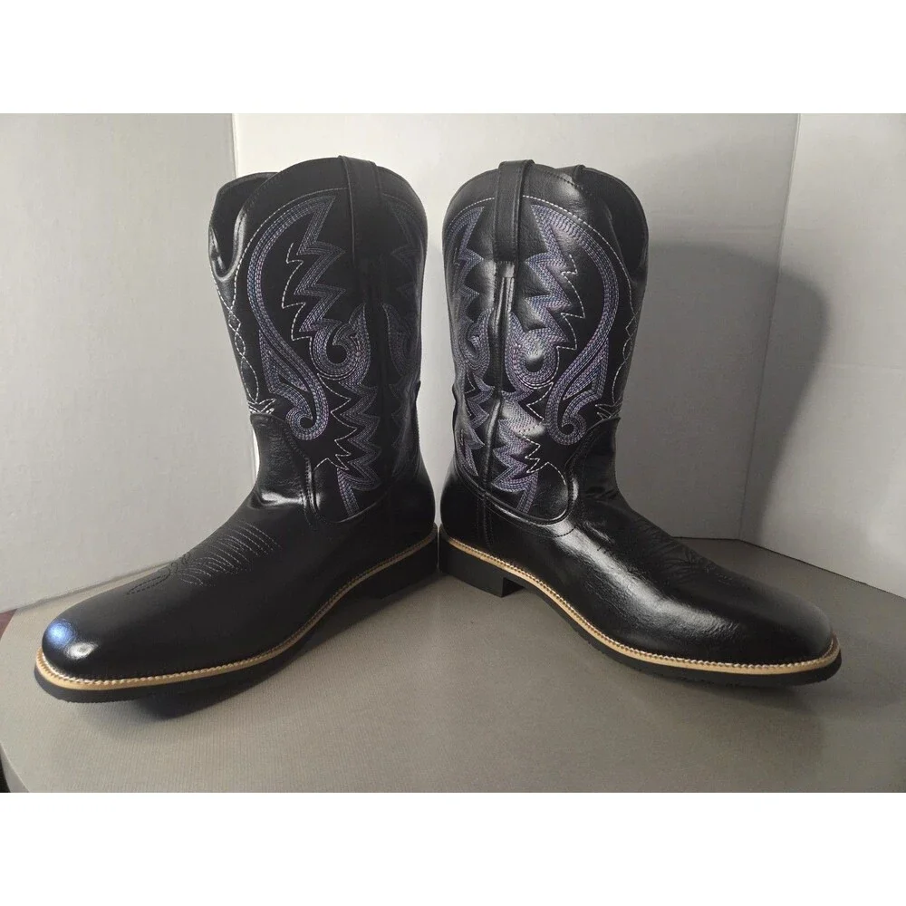 Black Men's Cowboy Western Embroidered Square Toe Boots